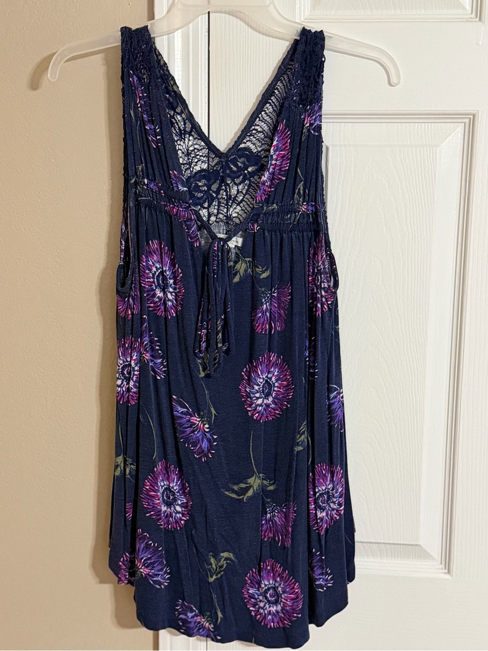 Maurices Navy Tank Top with Purple Floral Print & Lace Back
